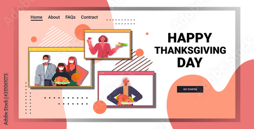 happy thanksgiving day multi generation family in web browser windows discussing during video call self isolation coronavirus quarantine concept horizontal portrait copy space vector illustration