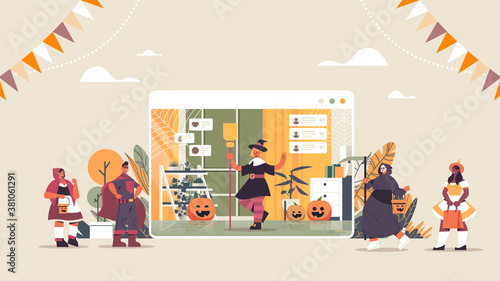 people in different costumes discussing during video call happy halloween holiday celebration self isolation online communication concept web browser window horizontal full length vector illustration