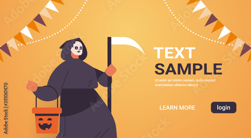 man in grim reaper costume happy halloween holiday celebration concept portrait horizontal copy space vector illustration