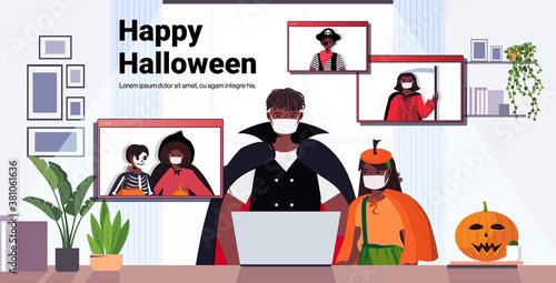 happy halloween holiday celebration concept people in costumes discussing with friends during video call online communication self isolation concept horizontal portrait copy space vector illustration
