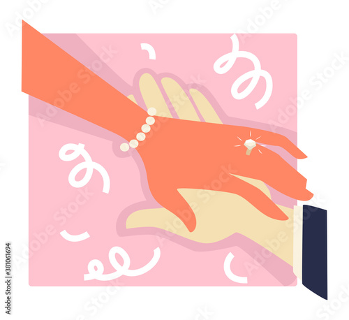 Wedding ceremony or engagement, womans hand with ring