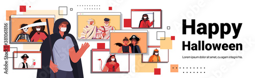 happy halloween holiday celebration concept mix race people in costumes discussing with friends during video call online communication self isolation web brwoser windows horizontal portrait vector