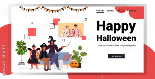 happy halloween holiday celebration concept family in costumes discussing with grandparents during video call online communication self isolation horizontal copy space vector illustration