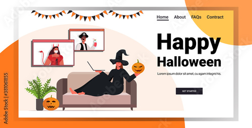 happy halloween holiday celebration woman in witch costume discussing with friends during video call online communication self isolation copy space horizontal vector illustration