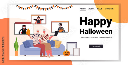 happy halloween holiday celebration grandparents in mummy costumes discussing with children during video call online communication self isolation horizontal copy space vector illustration