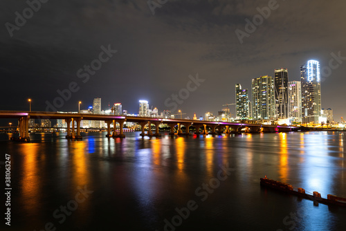 Miami Florida  sunset panorama with colorful illuminated business and residential buildings and bridge on Biscayne Bay. Miami downtown.