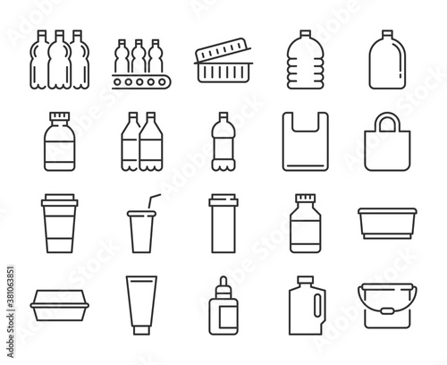 Plastic packaging icon. Plastic industry line icons set. Editable stroke.