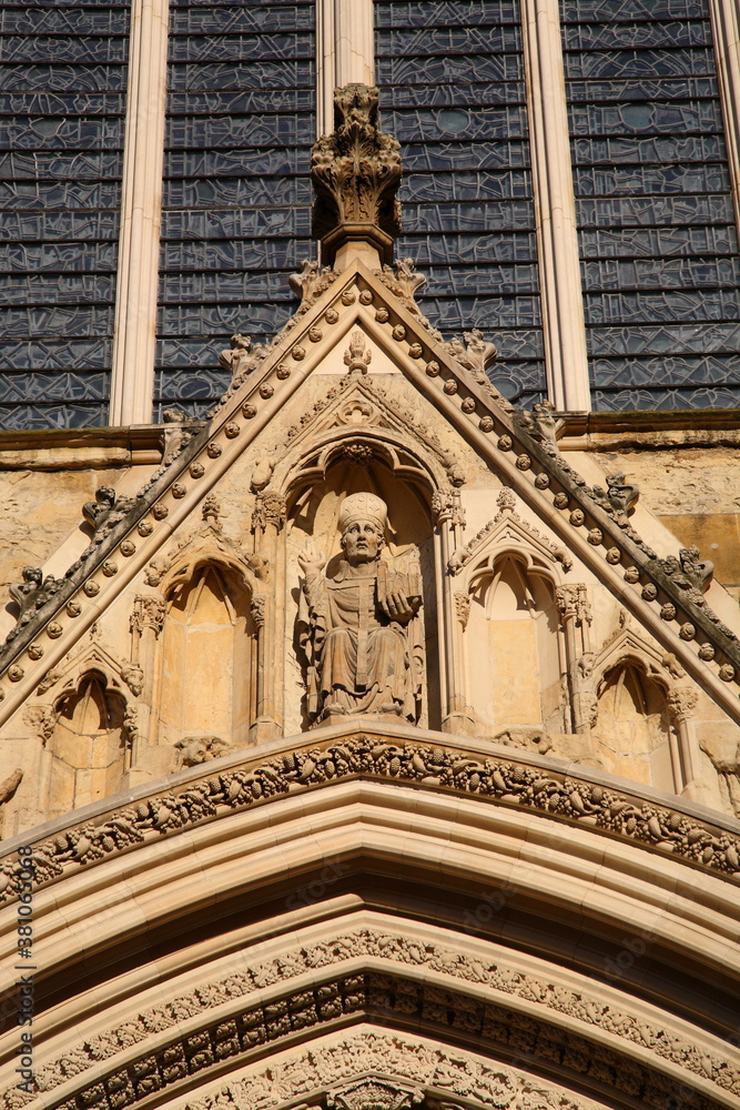 Close up of the Sculpture and architectural detail of the historic York Minster under sunset during in York,  Yorkshire, England, UK