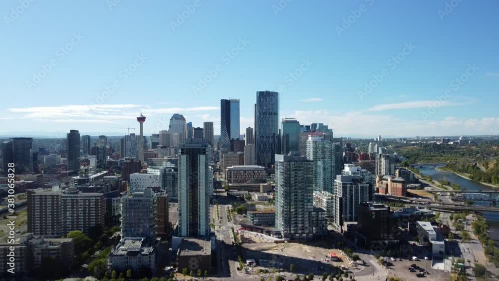 Drone angle of Calgary's skyline from the east side Drone angle of Calgary's skyline from the east side