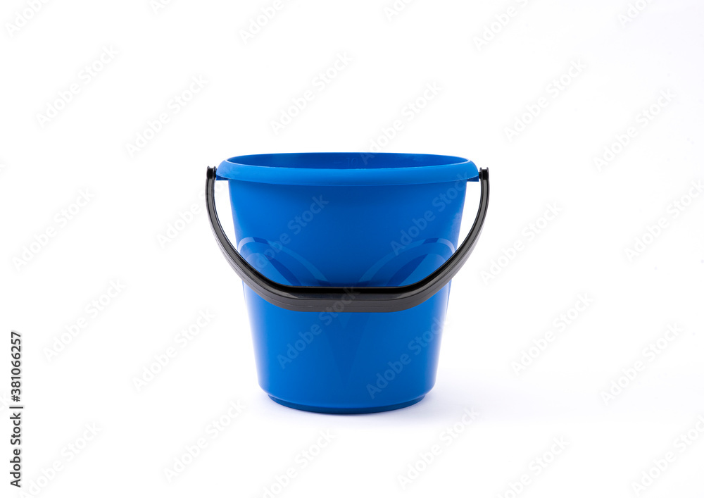 Empty clean blue plastic bucket on white background for different applications Empty clean blue plastic bucket on white background for different applications