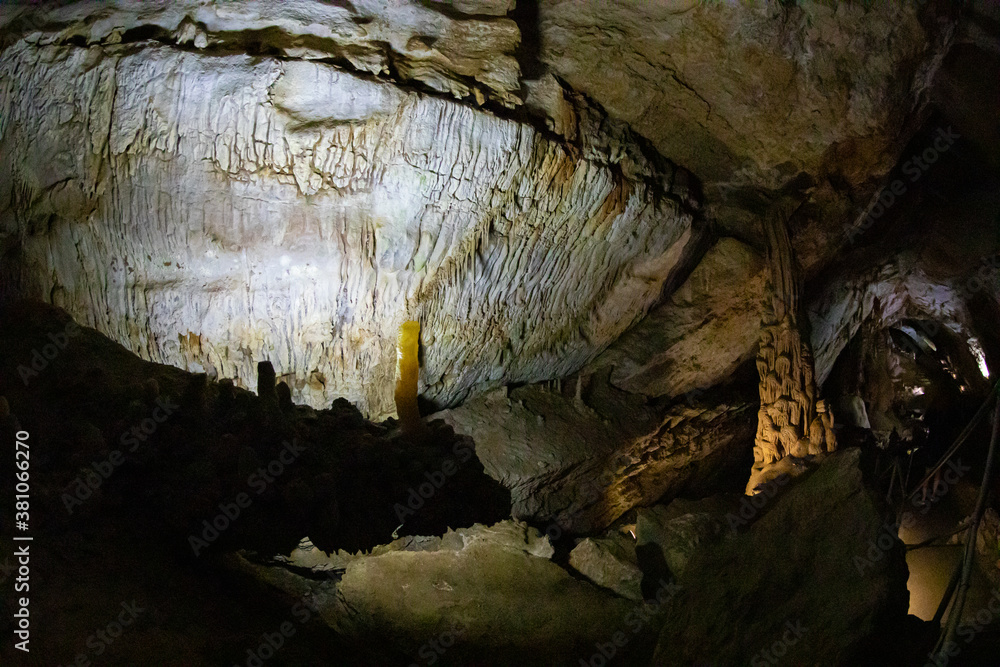 Obraz premium Cave stalactites, stalagmites, and other formations at Marble cave, Crimea