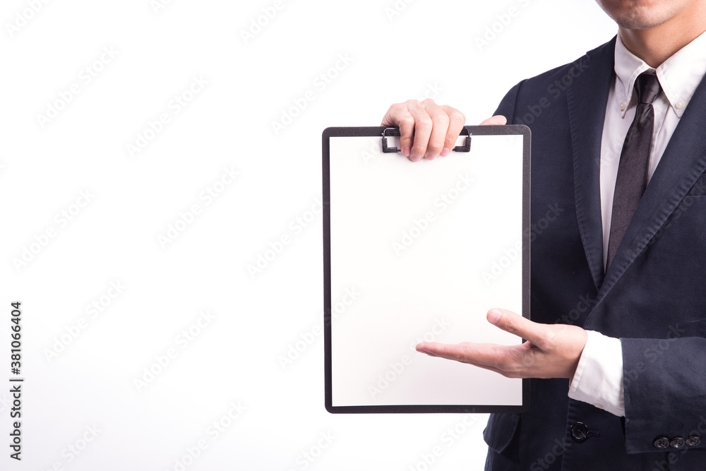 business man showing blank clipboard, isolated on white background. business man showing blank clipboard, isolated on white background.