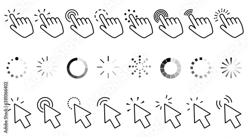 click icon set. Hand clicking  Computer mouse click cursor and loading icon. Vector illustration.