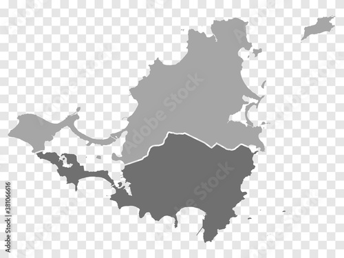 Map of Saint Martin island, France. Sint Maarten island, Netherlands. Detailed political vector map in gray with isolated regions for your web site design, app, UI. EPS10. 