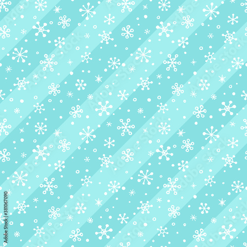 Vector seamless pattern with diagonal stripes and hand drawn snowflakes. Cute design for Christmas wrappings, textile and backgrounds