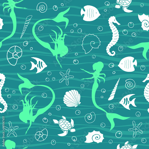 Sea life marine creatures and mermaids seamless pattern. Vector illustration. Vector graphic illustration.