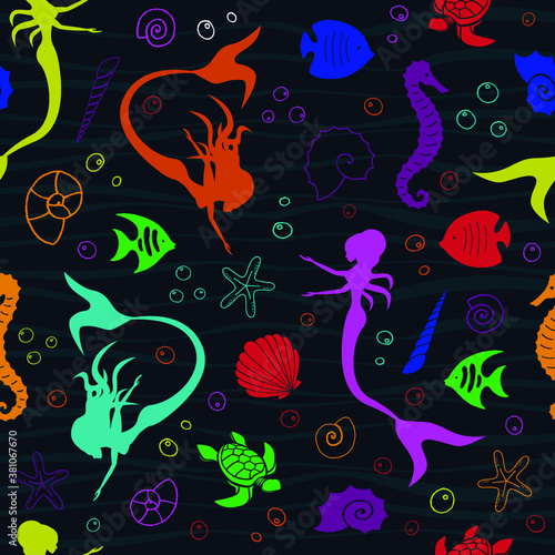 Sea life marine creatures and mermaids seamless pattern. Vector illustration. Vector graphic illustration.	