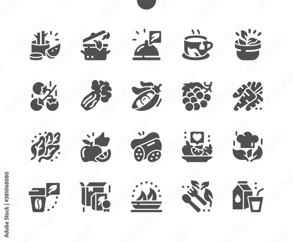 Healthy food for humans. Selection of healthy food. Fruits, berries and vegetables. Food shop, supermarket. Menu for restaurant and cafe. Vector Solid Icons. Simple Pictogram
