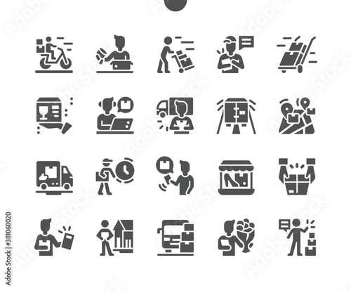 Delivery service, online order tracking, delivery home. Postal workers, courier. City logistics. Fast respond delivery package shipping. Vector Solid Icons. Simple Pictogram