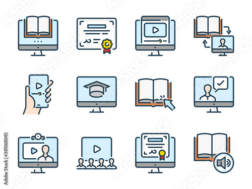 Online Education related vector color line icons. E-learning and Remote Learning colorful outline icon set.