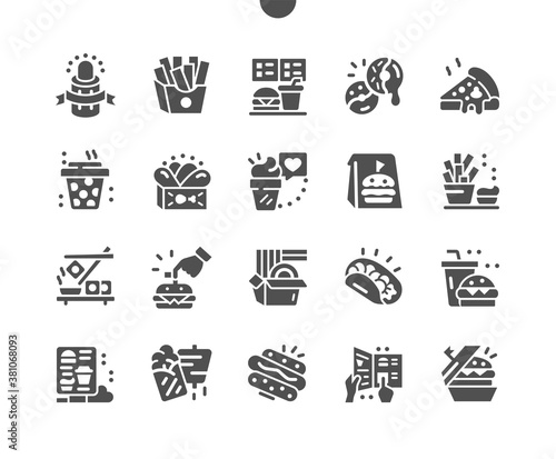 Fastfood food and drink. Fast food restaurant, burger and pizza shop store. Menu for restaurant and cafe. Vector Solid Icons. Simple Pictogram