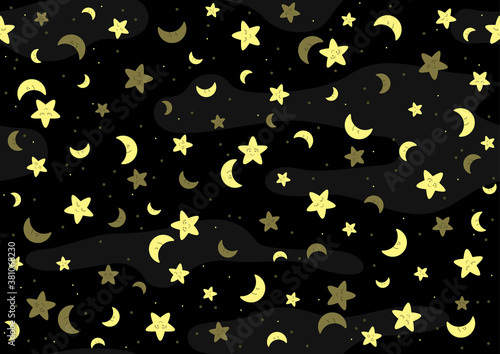 Seamless Baby Pattern with Yellow Stars and Moon and Clouds on Black Background - Repetitive Print Texture in Blue Tones, Vector Illustration