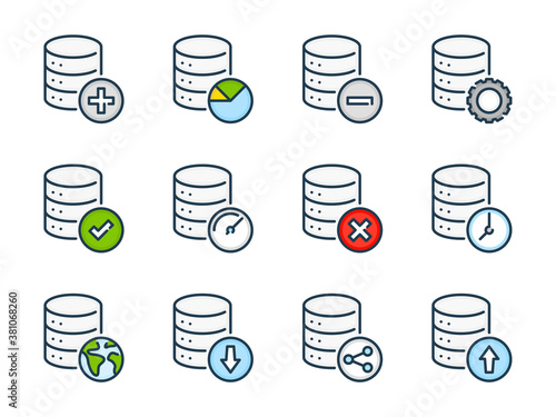 Database and Online Storage related vector color line icons. Server and Data transfer colorful outline icon set.