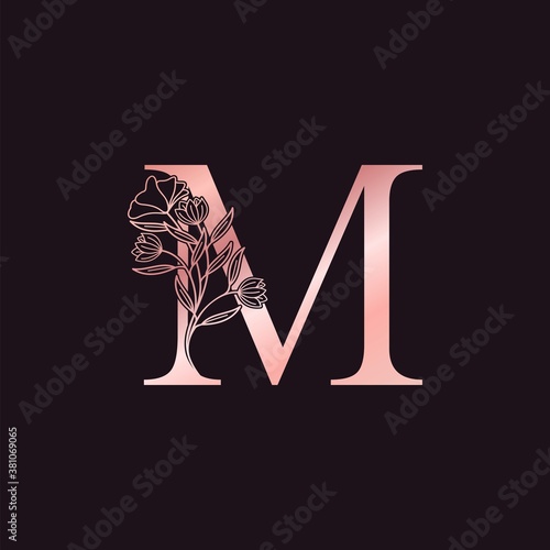 Gold Rose Flower Letter M Luxury Logo. Elegant alphabet monogram nature floral ornate initial letter design