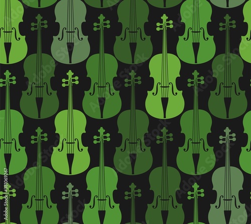 Green violins, seamless pattern. Green violins on a gray field. Color, flat decor. Vector.  