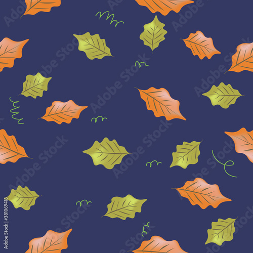 orange and yellow leaves pattern on dark blue 