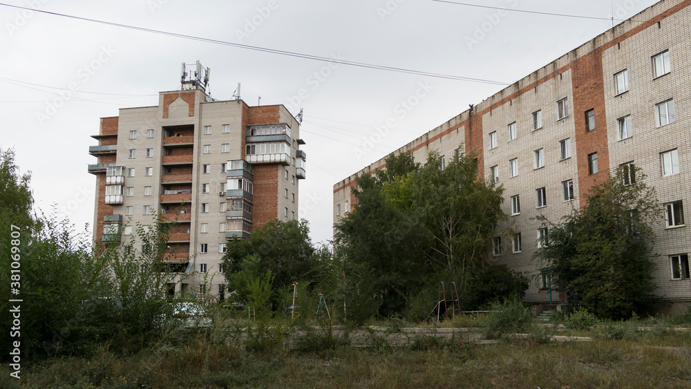 Residential area. Brick buildings. Modern architecture. Ust-Kamenogorsk (Kazakhstan)