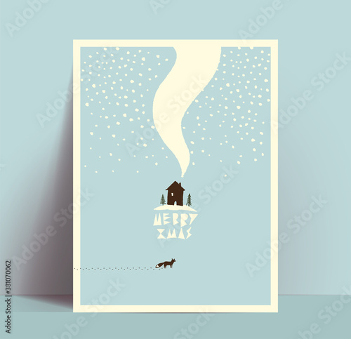 Minimalistic hand drawn Christmas card or poster design with house and running fox silhouettes and falling snowflakes and Merry Xmas lettering. Vintage styled vector illustration