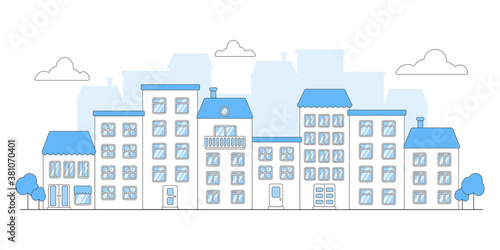 Vector flat illustration in blue, panoramic view, urban landscape
