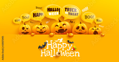 Happy Halloween poster and banner template with cute halloween pumpkin and yellow bubble message on top. Website spooky,Background or banner Halloween template.