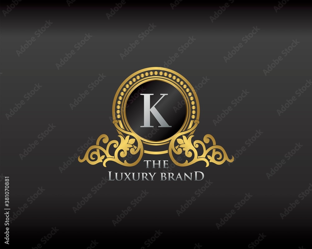 Fototapeta premium Gold Luxury Brand Letter K Elegant Logo Badge. Golden Letter Initial Crest, Wreath and Crown Monogram Design Vector.