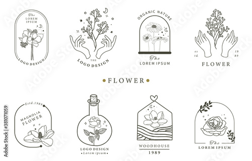 Beauty occult logo collection with geometric,rose,moon,star,flower.Vector illustration for icon,logo,sticker,printable and tattoo