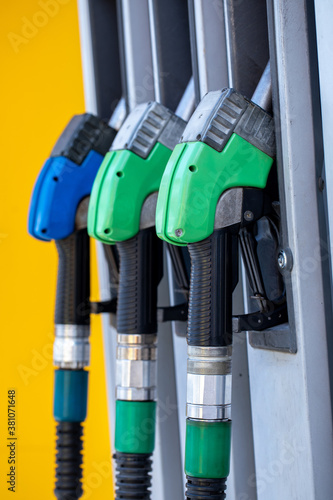 Fuel pumps at a gas station. Color fuel gasoline dispenser.