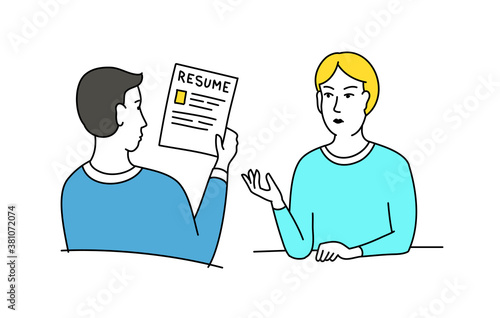 HR interview sketch. Talking with a job applicant. Male recruiter hired, reading resume. Vector cartoon.