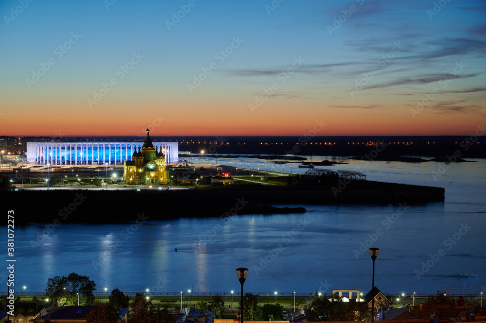 Night view on Volga and Nizhny Novgorod from a Fyodorovsky`s embankment