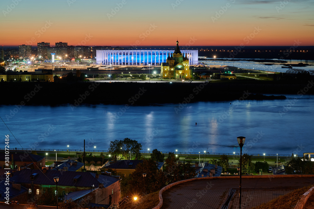 Fototapeta premium Night view on Volga and Nizhny Novgorod from a Fyodorovsky`s embankment
