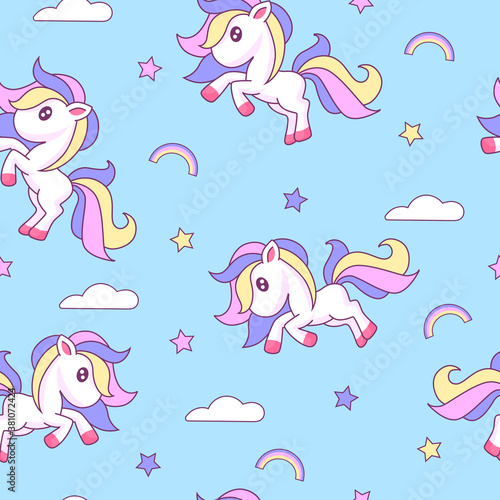 Cute unicorn seamless pattern. Magic cartoon animal with purple pink mane and yellow tail lucky dream star in fantasy clouds with beautiful rainbow anime fine vector art.