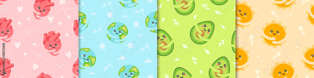 Cute abstract characters seamless pattern. Joyful red heart smiling blue  planet earth hugging itself contented green avocado orange anime sun with  touching vector face. Stock Vector | Adobe Stock