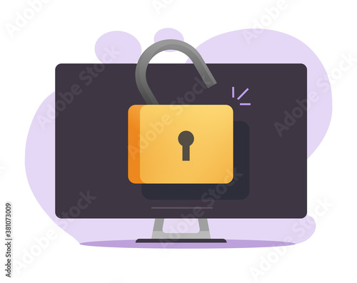 Unlocked computer access online with open padlock vector icon, pc internet insecure, theft idea flat cartoon, digital security login, private account opened, internet spyware symbol