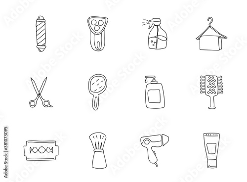 Barber shop hand drawn linear vector icons isolated on white background. barber shop doodle icon set for web and ui design, mobile apps and print produ