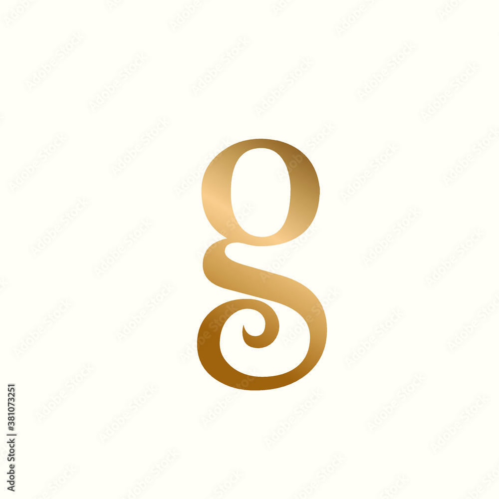 Letter g logo.Typographic icon.Lowercase alphabet initial with decorative swirl.Luxury, elegant, boutique wedding style sign isolated on light background.Gold color. Letter g logo.Typographic icon.Lowercase alphabet initial with decorative swirl.Luxury, elegant, boutique wedding style sign isolated on light background.Gold color.