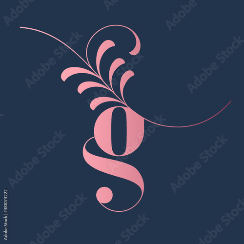 Letter G logo with decorative floral elements.Ornamental lowercase lettering sign concept.Rose color alphabet initial icon isolated on dark background.Elegant,organic,luxury style character shape.