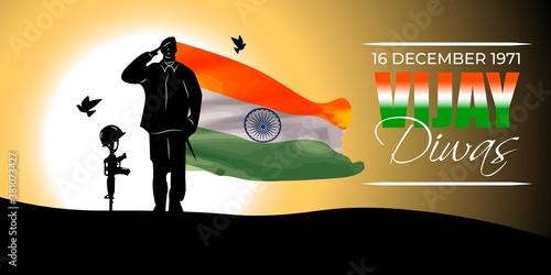 Vector illustration of Vijay Diwas banner, 16 december 1971, India flag, soldier with rifle and helmet, flying birds, banner template for websites.