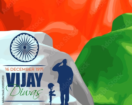 PriVector illustration of Vijay Diwas banner, 16 december 1971, wavy abstract India flag, soldier with rifle and helmet, flying birds, banner template for websites.