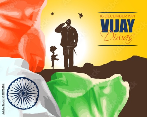 PriVector illustration of Vijay Diwas banner, 16 december 1971, wavy abstract India flag, soldier with rifle and helmet, flying birds, banner template for websites.