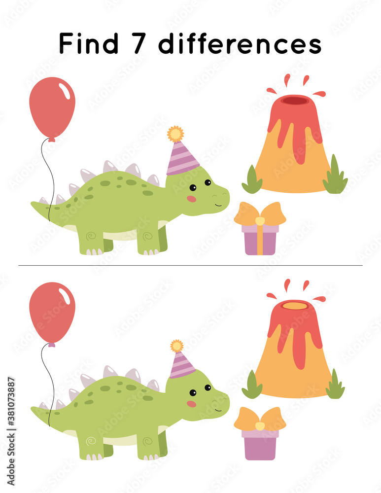 Find seven differences. Cute Stegosaurus dinosaur with balloon and gift. Birthday theme. Educational game for preschool kids. Find seven differences. Cute Stegosaurus dinosaur with balloon and gift. Birthday theme. Educational game for preschool kids.